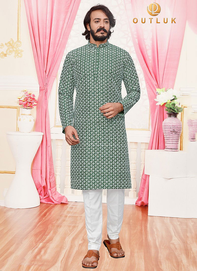 Dark Green Colour Outluk vol 25 Stylish Fancy Designer Party And Function Wear Art Silk With Lucknowi Kurta Churidar Pajama Redymade Collection 25007